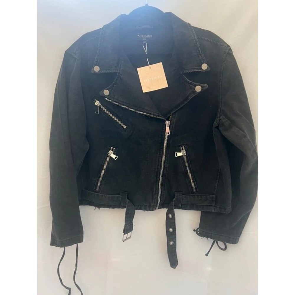 Kittenish Black Denim Moto Jacket NWT Sz S | Cropped Belted Biker Zip-Up